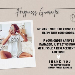 May include: A promotional image with a beige background and a white polaroid-style frame. The frame contains a person wearing a white t-shirt with "1976" printed on it. Text on the image includes "Happiness Guarantee" and a thank you message.