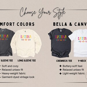 Puede incluir: Imagen de cuatro camisetas con la palabra "LATINA" en colores vibrantes. Dos son Comfort Colors, una de manga corta y otra de manga larga. Las otras dos son Bella & Canvas, una de cuello redondo y otra de cuello en V. Corte unisex relajado.