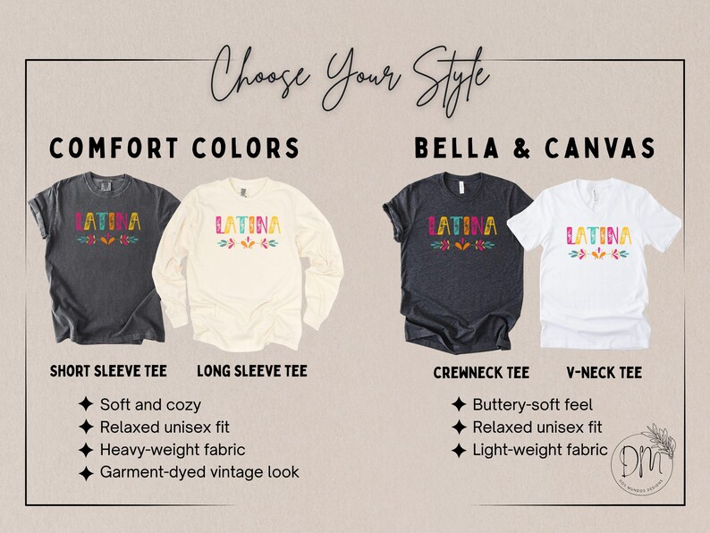 Puede incluir: Imagen de cuatro camisetas con la palabra "LATINA" en colores vibrantes. Dos son Comfort Colors, una de manga corta y otra de manga larga. Las otras dos son Bella & Canvas, una de cuello redondo y otra de cuello en V. Corte unisex relajado.