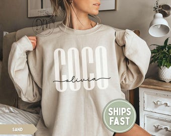 Custom Coco Sweatshirt, Coco Custom Name Crewneck, Personalized Grandma Gift, Custom Coco Gift Pregnancy Reveal Coco Mothers Day Sweatshirt