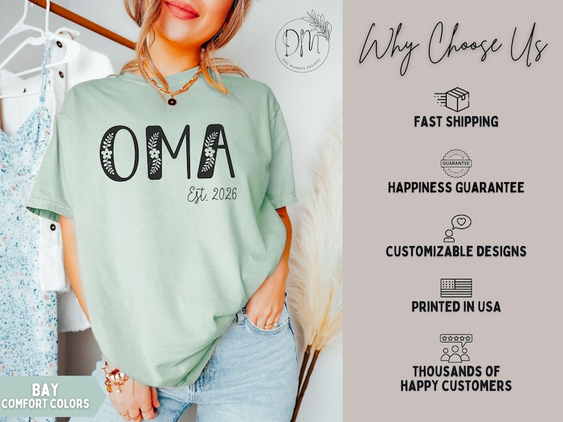 Oma Shirt, Floral Oma Established Shirt, Personalized Oma Est Shirt, New Oma Pregnancy Reveal Oma Mothers Day Gift for Oma Est 2026 Shirt zdjęcie 6