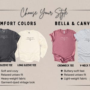 May include: Image showcasing t-shirts in various styles and colors. The image includes short sleeve, long sleeve, crewneck, and V-neck tees. The text "Choose Your Style" is at the top. The shirts have the text "Dibs on the Villain" printed on them.