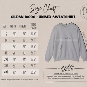May include: A light gray Gildan 18000 unisex sweatshirt with a size chart. The chart lists sizes S to 4XL, with width, length, and sleeve length measurements in inches. The text "Size Chart" is at the top.