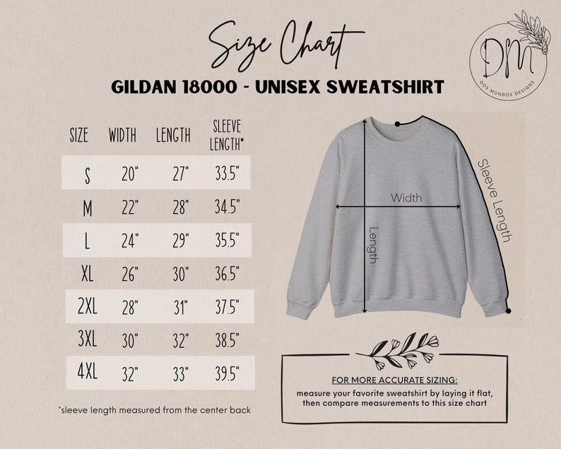 May include: A light gray Gildan 18000 unisex sweatshirt with a size chart. The chart lists sizes S to 4XL, with width, length, and sleeve length measurements in inches. The text "Size Chart" is at the top.