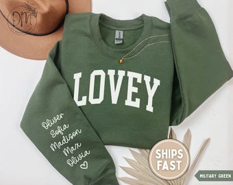 Lovey Sweatshirt with Grandkid Names on Sleeve Personalized Lovey Sweatshirt Custom Lovey Sweatshirt Lovey Gift for Lovey Mother's Day Gift