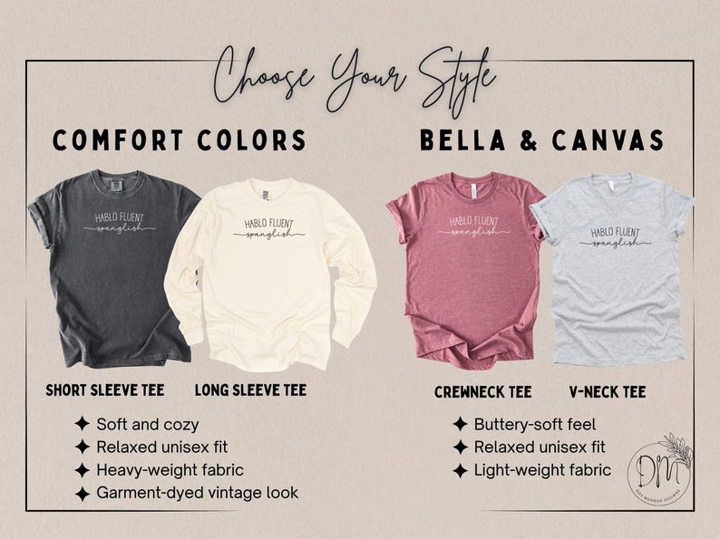 K&ouml;nnte beinhalten: Das Bild zeigt verschiedene T-Shirt-Stile: Kurzarm, Langarm, Rundhals und V-Ausschnitt. Die Shirts sind in verschiedenen Farben erh&auml;ltlich und tragen den Text "HABLO FLUENT spanglish". Das Bild hebt Stoffarten und Passformen hervor.