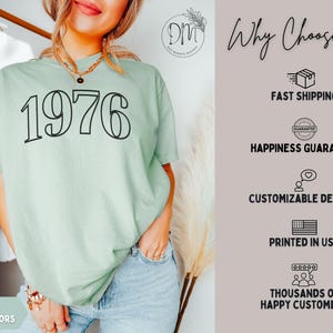 May include: A light green t-shirt with the year "1976" printed in black. The shirt is part of the "Bay Comfort Colors" collection. The image also includes text that says "Why Choose Us" and lists benefits like fast shipping and customizable designs.