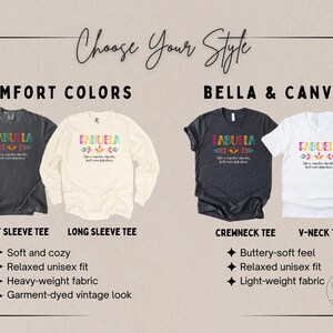 May include: Image showcasing four t-shirts with the word "ABUELA" in colorful text. Two shirts are Comfort Colors, and two are Bella & Canvas. Styles include short sleeve, long sleeve, crewneck, and V-neck tees. The image highlights fabric and fit details.