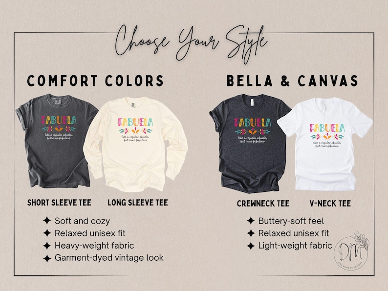 May include: Image showcasing four t-shirts with the word "ABUELA" in colorful text. Two shirts are Comfort Colors, and two are Bella & Canvas. Styles include short sleeve, long sleeve, crewneck, and V-neck tees. The image highlights fabric and fit details.