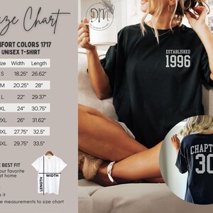 May include: Black unisex t-shirt with "ESTABLISHED 1996" printed on the front. The back of the shirt has "CHAPTER 30" printed on it. A size chart is included, with measurements in inches for width and length.