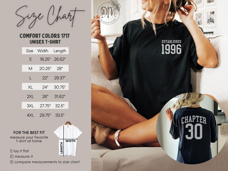 May include: Black unisex t-shirt with "ESTABLISHED 1996" printed on the front. The back of the shirt has "CHAPTER 30" printed on it. A size chart is included, with measurements in inches for width and length.