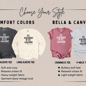 May include: Image showcasing four t-shirts in various colors: charcoal, cream, mauve, and gray. Each shirt features the text "TE CALMAS O TE CALMO" with a heart and "mama" below. Styles include short sleeve, long sleeve, crewneck, and V-neck.