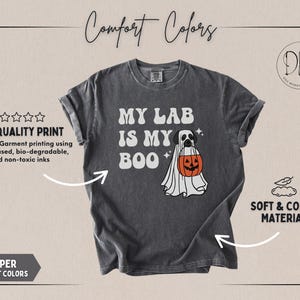 May include: A charcoal grey short-sleeve t-shirt featuring a graphic of a Labrador retriever wearing a white ghost costume and holding an orange jack-o'-lantern bucket. The text reads MY LAB IS MY BOO in white letters with small star accents.