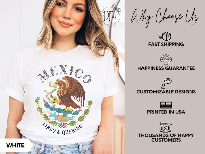 May include: A white short-sleeved t-shirt featuring a graphic of the Mexican coat of arms with an eagle perched on a cactus holding a snake. The text MEXICO and LINDO & QUERIDO is printed in black. The shirt is shown in a white color option.