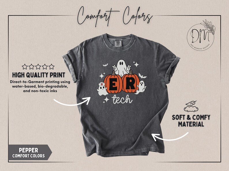 May include: A charcoal gray short-sleeve t-shirt featuring a graphic of two orange pumpkins with the letters E and R, surrounded by three white ghosts, one wearing a nurse cap, with the word tech written below in white script lettering.