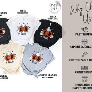 May include: Five short-sleeve t-shirts in dark grey heather, white, black, natural, and athletic heather. Each shirt features a graphic of two orange pumpkins with the letters ER, the word tech, and white ghosts, bats, and stars.