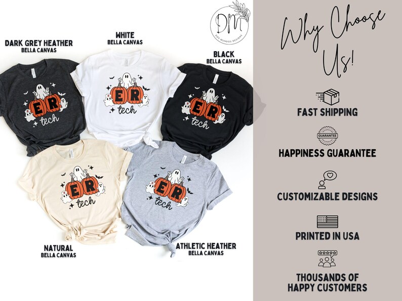May include: Five short-sleeve t-shirts in dark grey heather, white, black, natural, and athletic heather. Each shirt features a graphic of two orange pumpkins with the letters ER, the word tech, and white ghosts, bats, and stars.