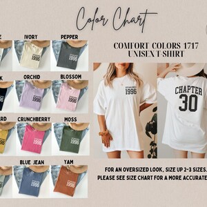 May include: Color chart showcasing Comfort Colors 1717 unisex t-shirts in various colors, including white, ivory, pepper, black, orchid, blossom, mustard, crunchberry, moss, bay, blue jean, and yam. Each shirt features "ESTABLISHED 1996" or "CHAPTER 30" printed on it.