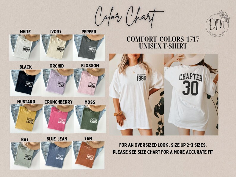 May include: Color chart showcasing Comfort Colors 1717 unisex t-shirts in various colors, including white, ivory, pepper, black, orchid, blossom, mustard, crunchberry, moss, bay, blue jean, and yam. Each shirt features "ESTABLISHED 1996" or "CHAPTER 30" printed on it.