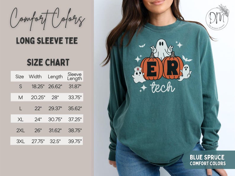 May include: A blue spruce long sleeve t-shirt featuring a graphic of two orange pumpkins with the letters E and R, surrounded by three white ghosts, one wearing a nurse cap, and the text tech. A size chart with measurements in inches is visible.