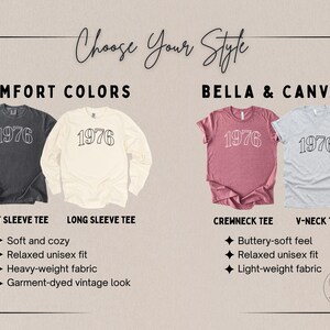 May include: Image showcasing t-shirts in various styles and colors, each featuring the year "1976." The options include short and long sleeve tees from Comfort Colors, and crewneck and V-neck tees from Bella & Canvas. The shirts have a relaxed unisex fit.