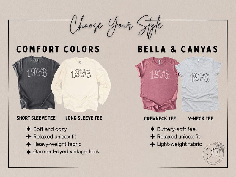 May include: Image showcasing t-shirts in various styles and colors, each featuring the year "1976." The options include short and long sleeve tees from Comfort Colors, and crewneck and V-neck tees from Bella & Canvas. The shirts have a relaxed unisex fit.