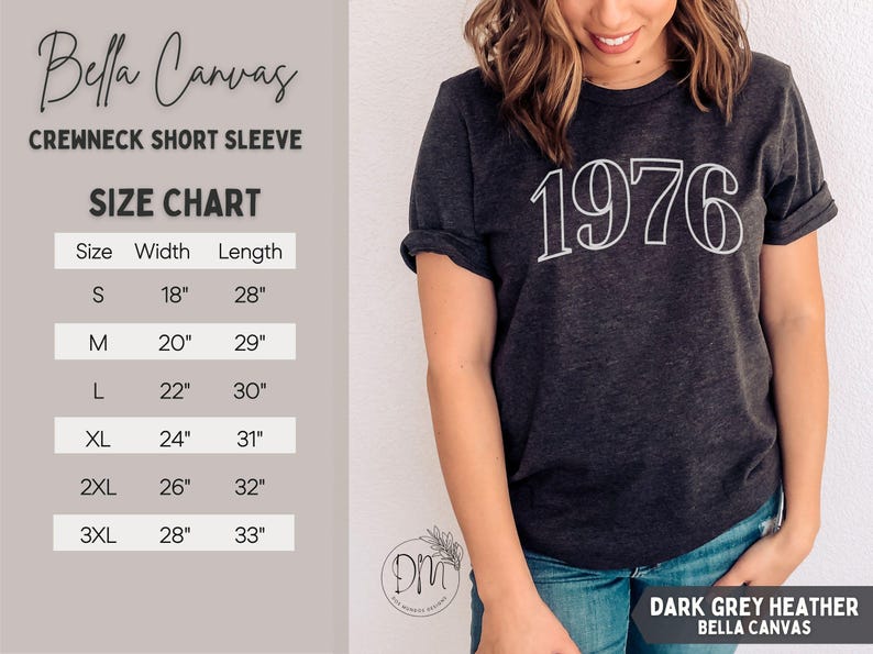 May include: Dark grey heather Bella Canvas crewneck short sleeve t-shirt with the year "1976" in white. The size chart shows measurements in inches: S (18" width, 28" length), M (20" width, 29" length), L (22" width, 30" length), XL (24" width, 31" length), 2XL (26" width, 32" length), 3XL (28" width, 33" length).