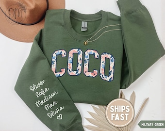 Floral Coco Sweatshirt Personalized Coco Sweatshirt with Grandkid Names on Sleeve Coco Sweatshirt Custom Coco Gift for Coco Mothers Day Gift