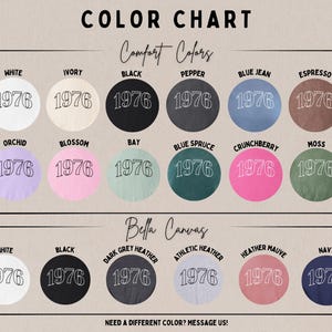 May include: Color chart showcasing various t-shirt colors, including white, black, and heather mauve, with the year "1976" displayed in a white font. The chart is divided into "Comfort Colors" and "Bella Canvas" sections, offering a range of options.