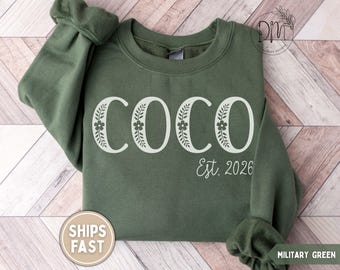 Coco Est Sweatshirt, Floral Coco Established Sweatshirt, Personalized Grandma Gift, Custom New Coco Gift Pregnancy Reveal Mothers Day Gift