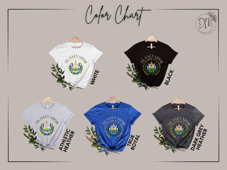 May include: Five short-sleeve t-shirts in white, black, athletic heather, true royal, and dark grey heather. Each shirt features a circular graphic of the El Salvador coat of arms with the text El Salvador and Republica De El Salvador En La America Central.