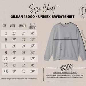 May include: A light gray Gildan 18000 unisex sweatshirt with a size chart. The chart lists sizes S to 4XL, with width, length, and sleeve length measurements in inches. The text "Size Chart" is at the top.