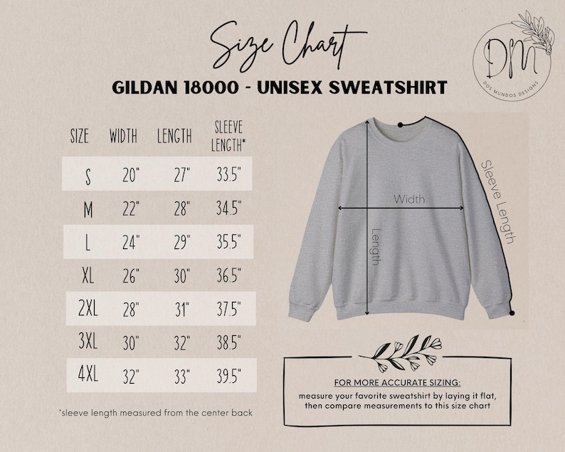 May include: A light gray Gildan 18000 unisex sweatshirt with a size chart. The chart lists sizes S to 4XL, with width, length, and sleeve length measurements in inches. The text "Size Chart" is at the top.