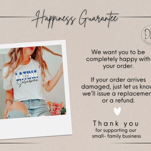 May include: A white t-shirt featuring the text 'LATINA' in blue and white stripes and 'Salvadore&ntilde;a' in black script. The image includes text stating 'Happiness Guarantee', 'We want you to be completely happy with your order', and 'Thank you for supporting our small-family business'.