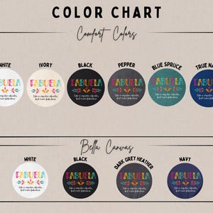 May include: Color chart showcasing t-shirt color options. The shirts feature the word "ABUELA" in colorful text, with the phrase "Like a regular abuela, but more fabulous." Colors include white, ivory, black, pepper, blue spruce, and true navy.
