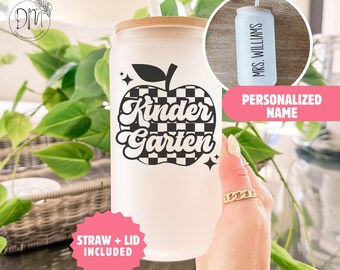 Taza de café de vidrio para maestra de jardín de infantes, vaso personalizado para maestra, taza con nombre personalizado para maestra, regalo para maestra, regalo de agradecimiento para maestra