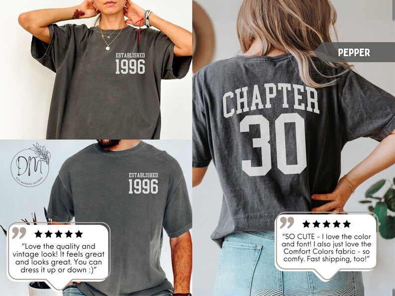 May include: Dark gray t-shirts with white text. One shirt says "ESTABLISHED 1996" and another says "CHAPTER 30". The shirts have a vintage look. The shirts are made of a soft, comfortable fabric.