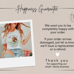 May include: A white t-shirt featuring a graphic of an eagle perched on a cactus with the text MEXICO LINDO & QUERIDO. The image includes text stating Happiness Guarantee, We want you to be completely happy with your order, and Thank you for supporting our small-family business.