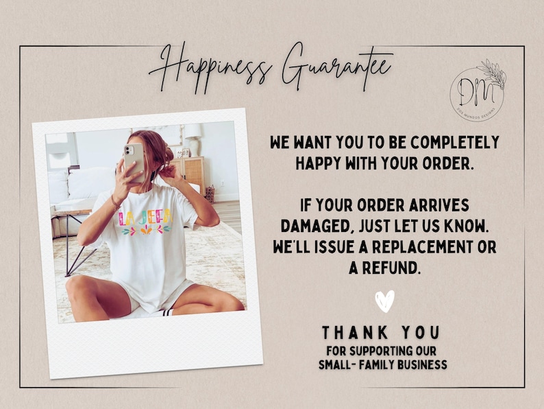 May include: A white t-shirt with the word "RAISED" in colourful letters. The image also includes text that reads "Happiness Guarantee" and a message about order satisfaction and refunds. A small business logo is also visible.