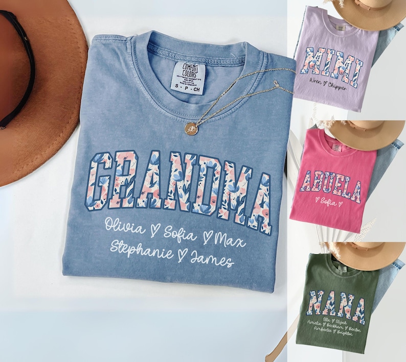 Camisa personalizada para abuela, camisa floral para abuela con nombres de nietos, regalo personalizado para abuela, regalo para el día de la madre, Grammy imagen 1