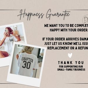 May include: A promotional image with the text "Happiness Guarantee." It includes two photos of people wearing white t-shirts with the text "1996" and "Chapter 30." The text also states, "We want you to be completely happy with your order."