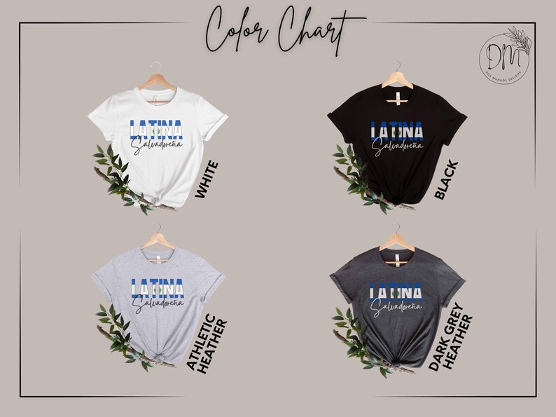 May include: A color chart featuring four short-sleeve t-shirts in white, black, athletic heather, and dark grey heather. Each shirt displays the text LATINA in block letters over a blue and white stripe, with the word Salvadore&ntilde;a below it.