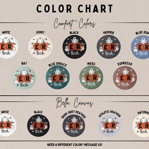 May include: A color chart displaying various fabric shades for Comfort Colors and Bella Canvas apparel. Each circular swatch features a graphic of two orange pumpkins labeled ER, a ghost, and the text tech, surrounded by small stars and bats.