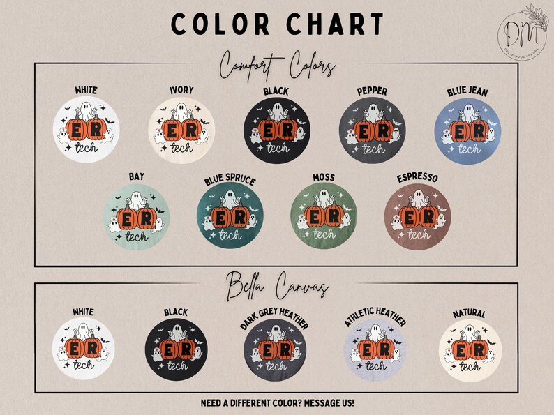 May include: A color chart displaying various fabric shades for Comfort Colors and Bella Canvas apparel. Each circular swatch features a graphic of two orange pumpkins labeled ER, a ghost, and the text tech, surrounded by small stars and bats.