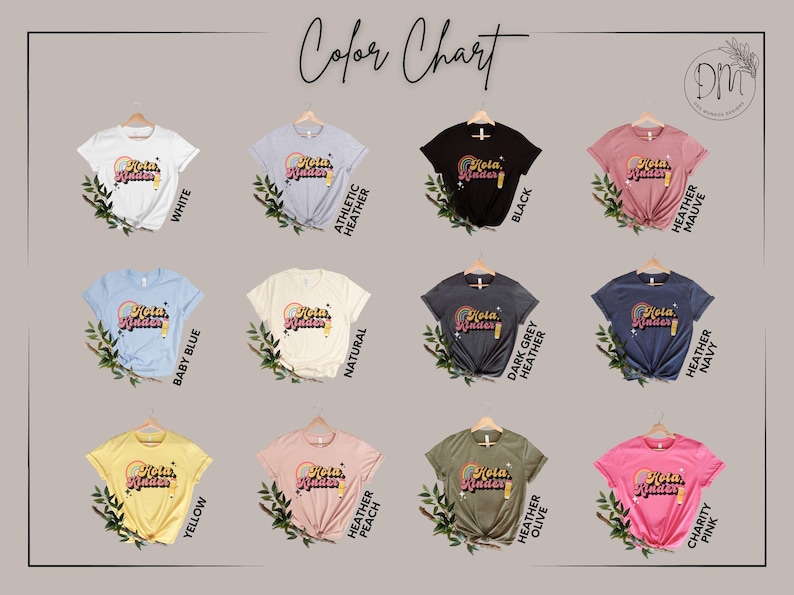 May include: A color chart displaying twelve short-sleeve t-shirts in various colors including white, athletic heather, black, heather mauve, baby blue, natural, dark grey heather, heather navy, yellow, heather peach, heather olive, and charity pink.