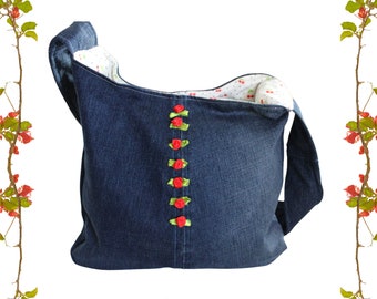 Reworked DENIM Jeans Shoulder BAG with Red Mini ROSES + Cherries Lining