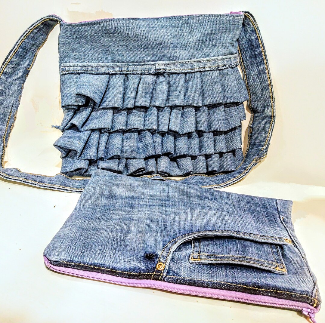 Ruffled Reworked Denim Jeans Shoulder Bag Zipper Pouch - Etsy