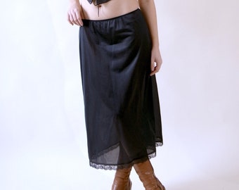 Black Midi Slip Skirt 70s Semi Sheer Half Slip
