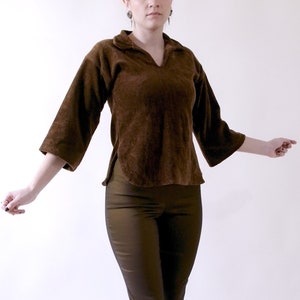 70s 3/4 Sleeve Terry Chocolate Brown Collared Top