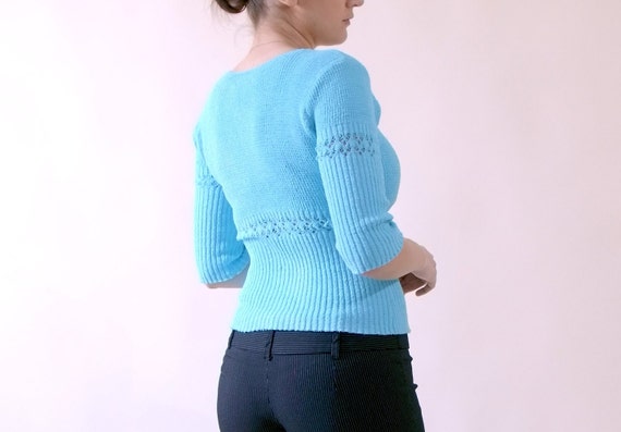 90s Turquoise Cutout Sweater 3/4 Sleeve Scoop Neck - image 3